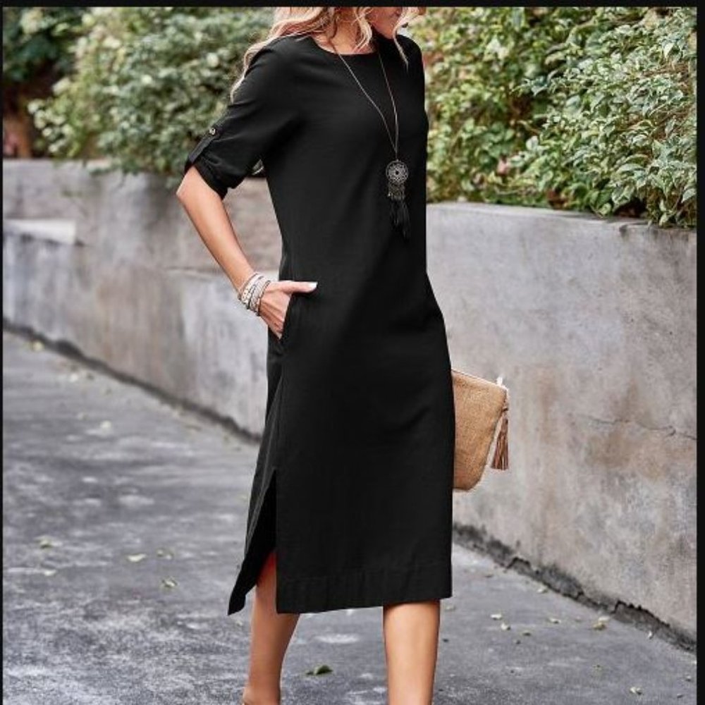 Camisa | Black Roll-Tab Sleeve Split-Hem Pocket Shift Dress